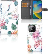 Telefoonhoesje iPhone 14 Pro Max Wallet Bookcase Bird Flowers
