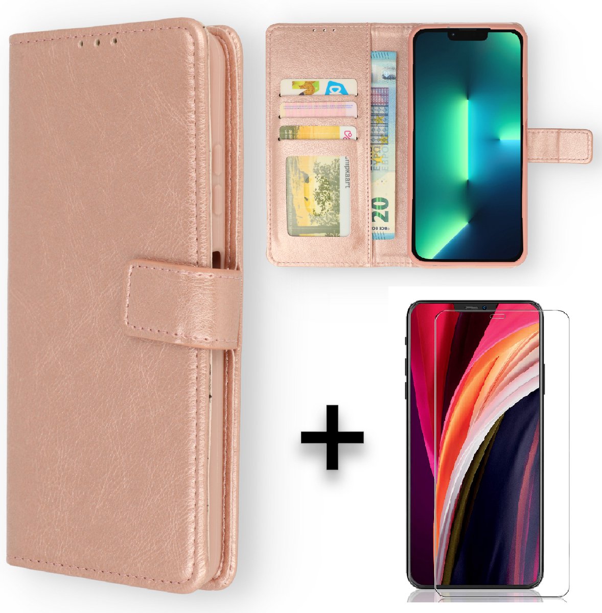 Casemania Hoesje Geschikt voor Apple iPhone 14 Rosegoud & Glazen Screenprotector - Portemonnee Book Case - Kaarthouder & Magneetlipje