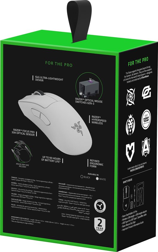 Razer DeathAdder V3 Pro - Draadloze Gaming Muis - Ergonomisch - Ultra Licht - 30.000 DPI - Wit