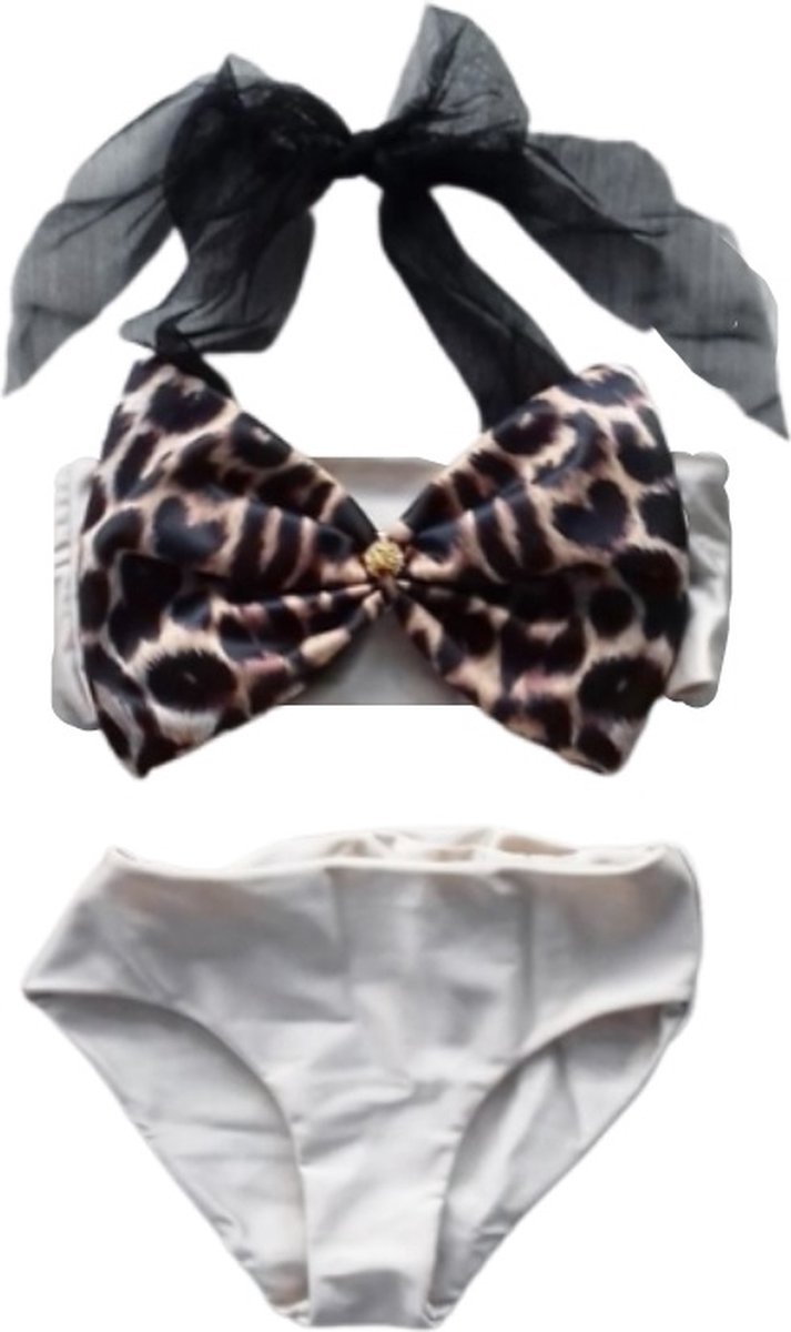 Maat 140 Bikini zwemkleding Grijs panterprint badkleding met strik voor baby en kind zwem kleding