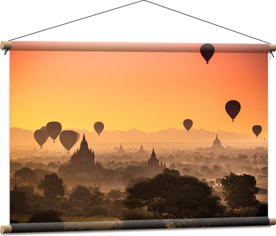 WallClassics - Textielposter - Luchtballonnen boven Tempels met Zonsondergang - 90x60 cm Foto op Textiel