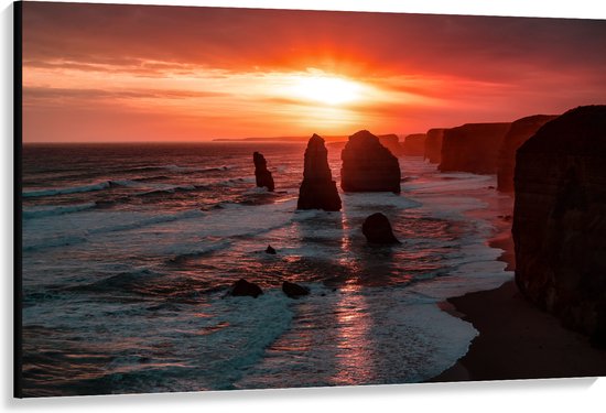 WallClassics - Canvas  - Rotsen in de Zee met Zonsondergang - 150x100 cm Foto op Canvas Schilderij (Wanddecoratie op Canvas)