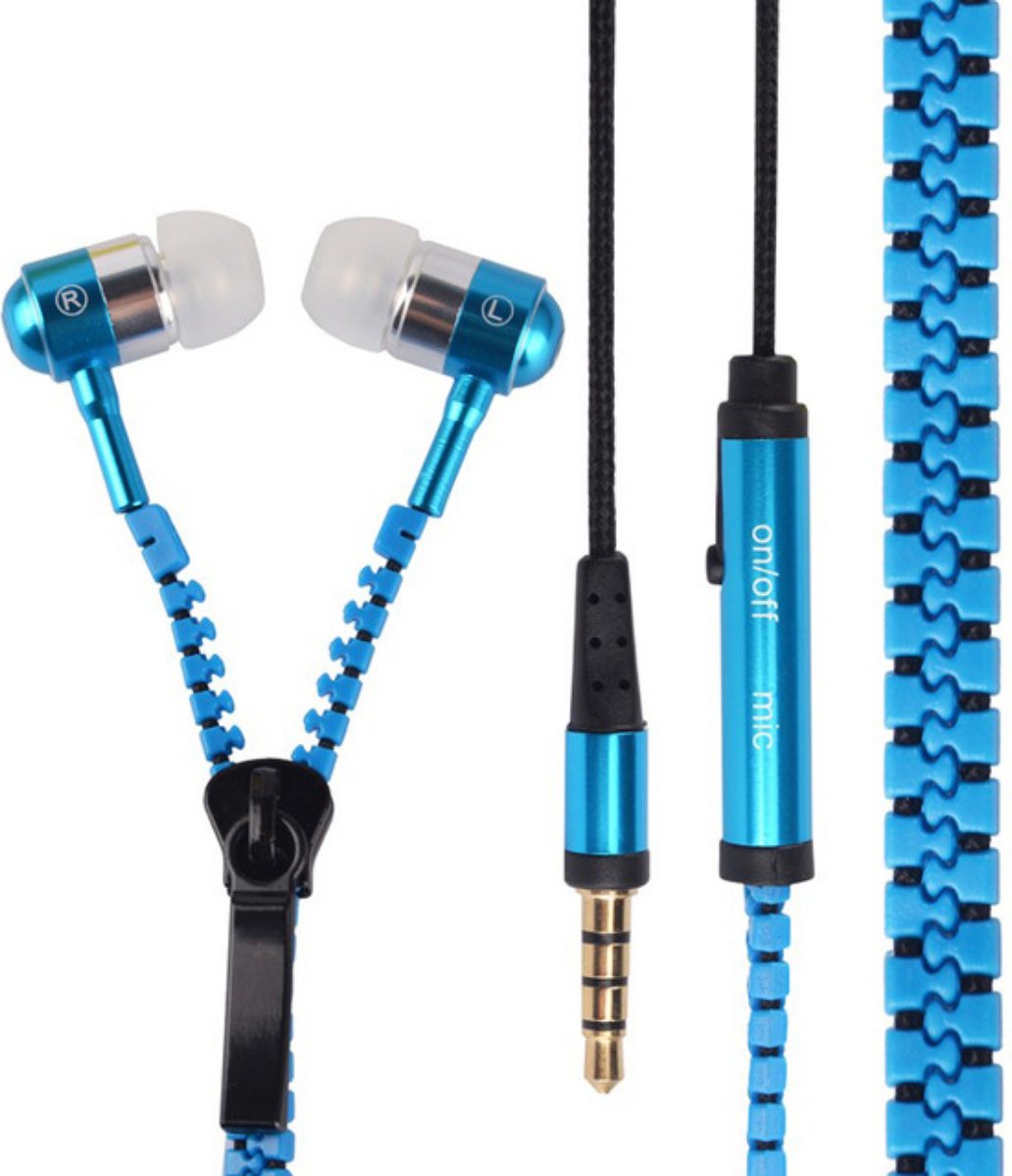 Koptelefoon met ritssluiting - Basmonitor - Metalen in-ear Hoofdtelefoons met microfoon voor MP3, mobiele telefoons en pc - Blauw