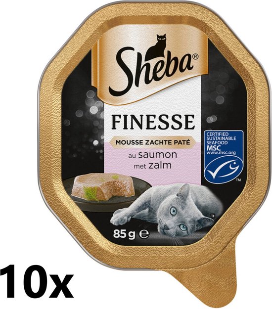 Sheba Finesse Mousse Zachte Paté met Zalm, 85g. MSC gecertificeerd.