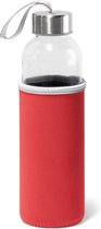 Glazen waterfles/drinkfles met rode softshell bescherm hoes 520 ml - Sportfles - Bidon