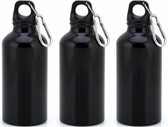 3x Stuks aluminium waterfles/drinkfles zwart met schroefdop en karabijnhaak 400 ml - Sportfles - Bidon