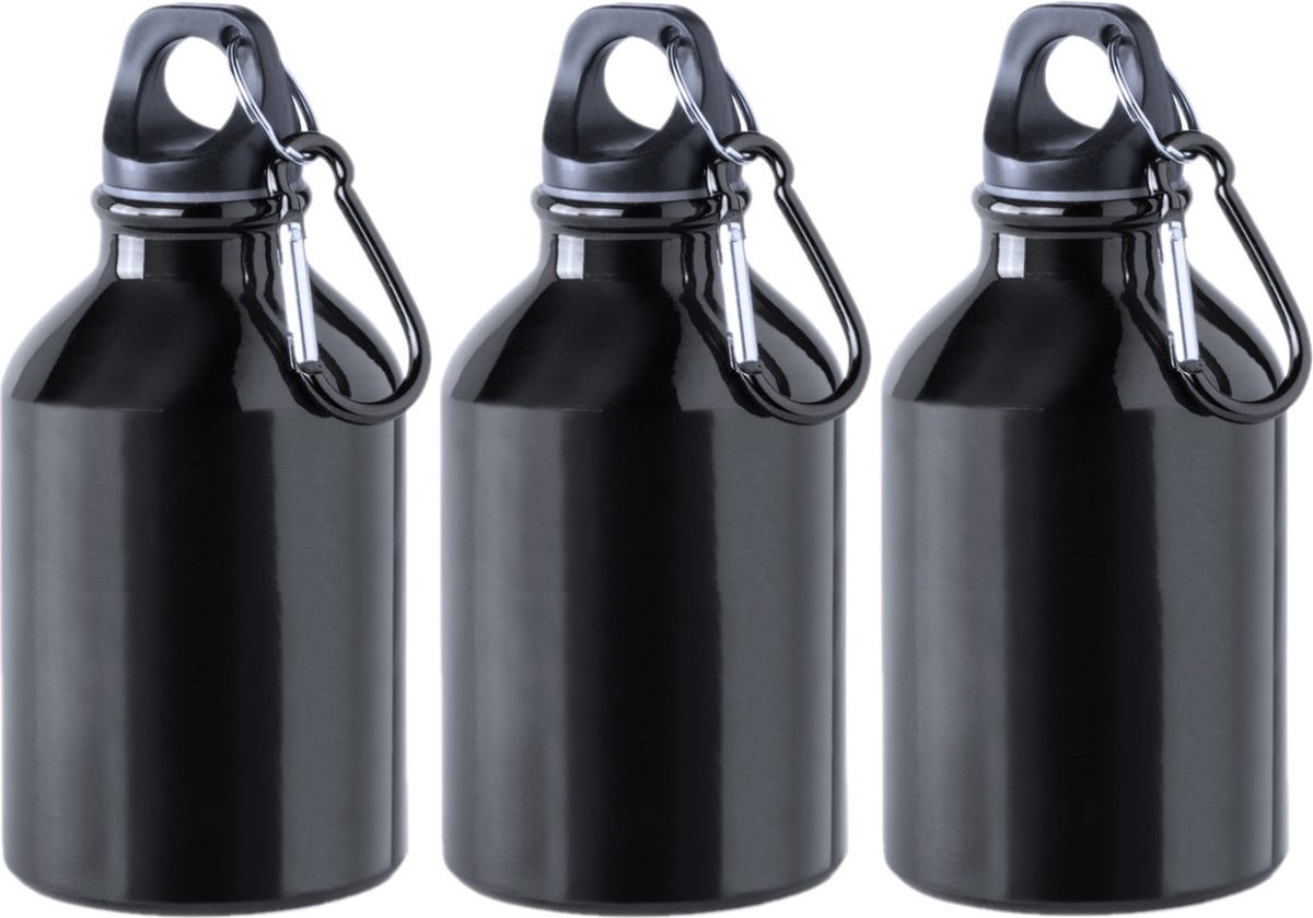 6x Stuks aluminium waterfles/drinkfles zwart met schroefdop en karabijnhaak 330 ml - Sportfles - Bidon