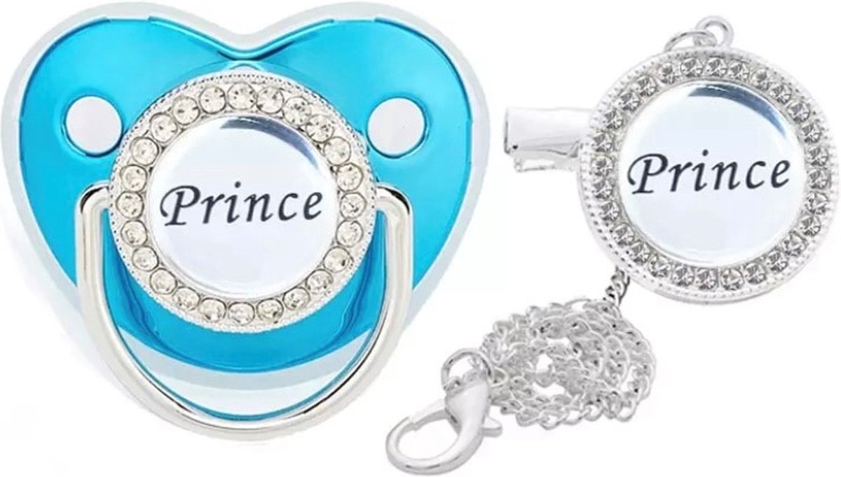Goedkoopste Fopspeen met clip- Prince fopspeen- PRINCE - Jongens fopspeen- 0 - 18 Maanden - Grijs / Blauw- Silica gel - Luxe fopspeen met diamanten - Baby geschenk