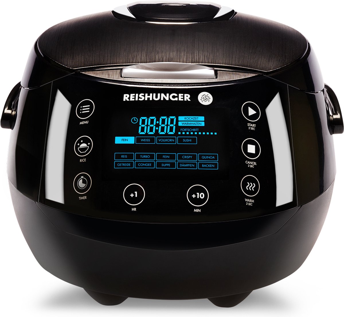Reishunger Digitale Rijstkoker in Zwart Multicooker met 12 programma's stoominzet premium binnenpan timer en warmhoudfunctie Rijst voor maximaal 8 personen