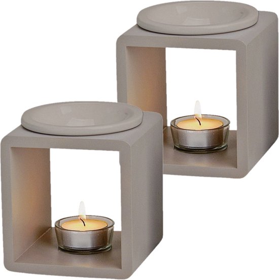 2x stuks vierkante geurbrander/oliebrander keramisch grijs 11 x 13 cm - Waxbrander - Aromabrander - Geurbranders - Geuroliebrander