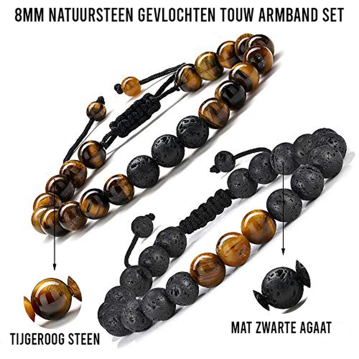 Kralen Armband Tijgeroog - voor Heren en Dames - Set van 2 Armbandjes — afbeelding 5