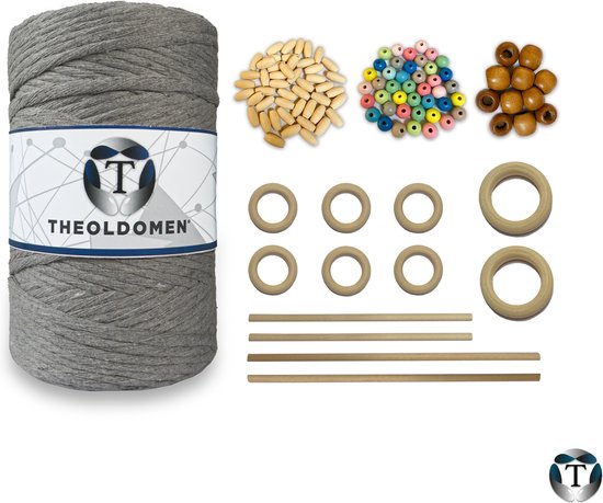 Macramé Pakket | 200 METER | Incl. Handleiding | Lichtgrijs | Starter Set | Ringen | Kralen | Stokken | Macramé Touw | 3mm | 100% Katoen | Macramé | Decoratie | DIY | Doe Het Zelf | Wandkleed | Dromenvanger | Plantenhanger | Tassen | TheOldOmen |