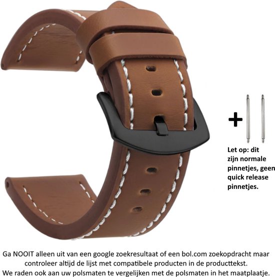 Bruin lederen 22mm bandje geschikt voor bepaalde 22mm smartwatches van verschillende bekende merken (zie lijst met compatibele modellen in producttekst) - Maat: zie foto - gespsluiting – Brown leather strap - Leer - Leder - Leren Horlogebandje