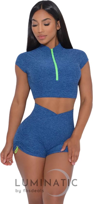 Sportoutfit - Sportkleding Set Dames - Yoga Kleding - Sportlegging - Shapewear Dames - Korte Broek - Top Dames - Active | Top + Shorts | Luminatic® | Blauw | M