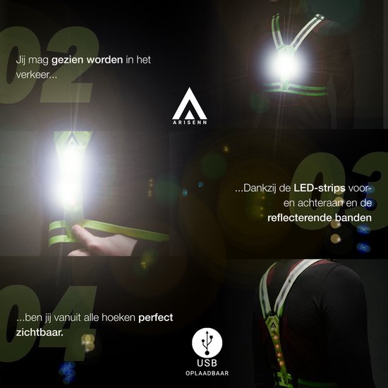 ARISENN® 3D LED Hardloop Verlichting OPLAADBAAR - Led Harnas - INCL. hersluitbare zipper bag - Led Vest - Wit Licht voor & Rood licht achter - Hardloop Led verlichting - Reflecterend Hardloop vest - Hardlopen - Sport verlichting - Oplaadbaar