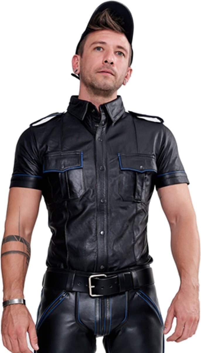 Mister B Leren Politie Shirt Korte Mouwen Blauwe Biezen - Large