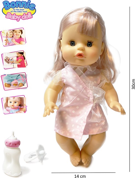Babypop - interactief speelgoed pop Bonnie - 12 babygeluiden - kan drinken en plassen (30cm) incl.batterij
