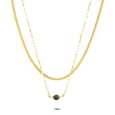Twice As Nice Halsketting in goudkleurig edelstaal, dubbele ketting, platte slang, 1 zwarte zirkonia 39 cm+5 cm