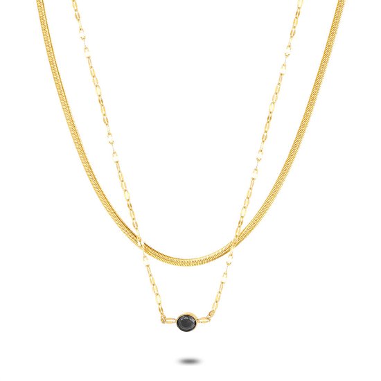 Twice As Nice Halsketting in goudkleurig edelstaal, dubbele ketting, platte slang, 1 zwarte zirkonia 39 cm+5 cm