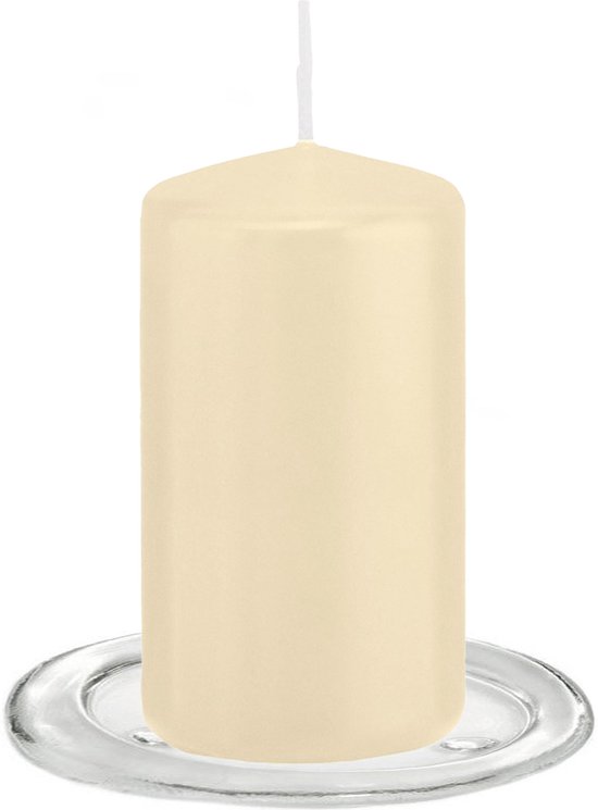 Trend Candles - Bougies Bougies cylindriques avec sous-verres en verre lot de 2 pièces blanc crème 6 x 12 cm
