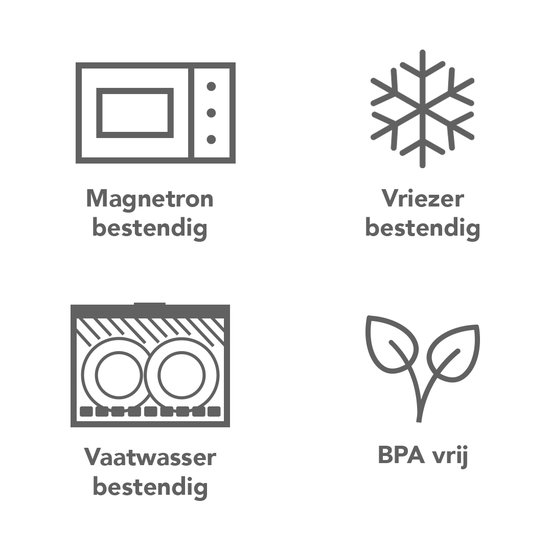Iconen: magnetron, vriezer, vaatwasser en BPA vrij.