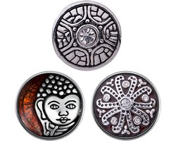 Quiges - Chunk 18mm Click Button Drukknoop Boeddha Set van 3 Stuks Bruin met Zirkonia & Mandala - EBCMSET021
