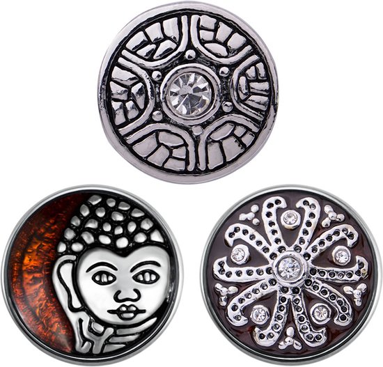 Quiges - Chunk 18mm Click Button Drukknoop Boeddha Set van 3 Stuks Bruin met Zirkonia & Mandala - EBCMSET021