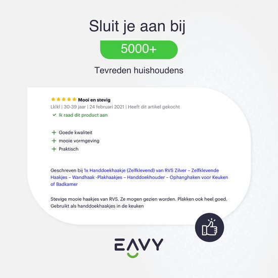 Sterbeoordeling en tekst: 'Mooi en stevig', 'Goede kwaliteit', 'mooie vormgeving', 'Praktisch'. Zilverkleurige RVS haakjes.