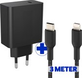 45W Quick Charger - Geschikt voor iPhone - Snellader USB C met USB C naar 8-PIN Kabel 3 Meter Lang - Zwart