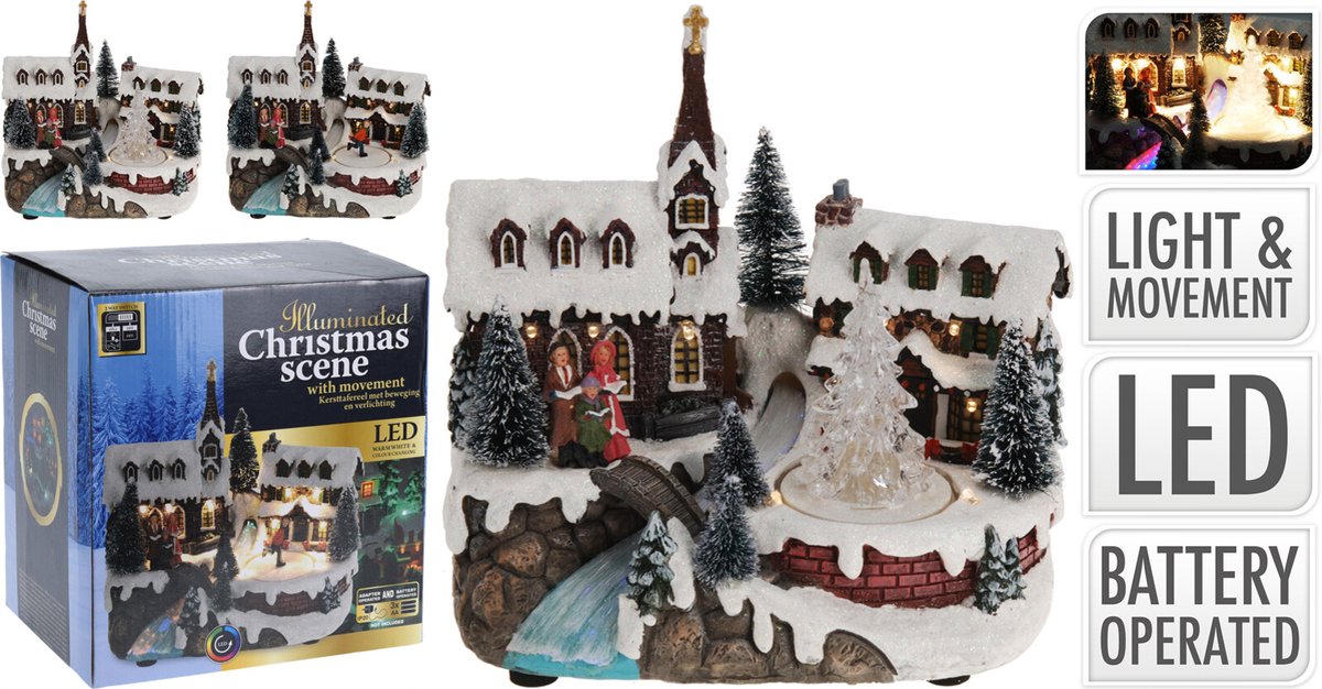 Kersthuisjes & Kerstdorpen - Kersthuisje met beweging en verlichting - Kerkje met draaiende kerstboom - Colourchange Riviertje - B/O