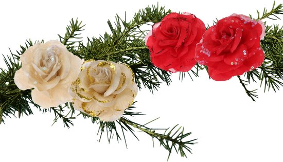 Kerst decoratie bloemen - set van 4x stuks - goud en rood - 9cm