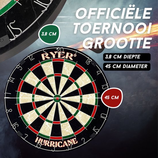 Een RYER Hurricane dartbord met de tekst "Officiële toernooi grootte" en afmetingen 3,8 cm diepte en 45 cm diameter.