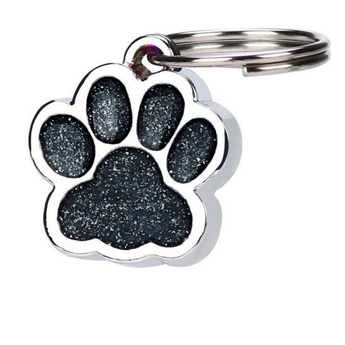 Hanger hondenpootje zwart zilver met glitter 15x20 mm met ring