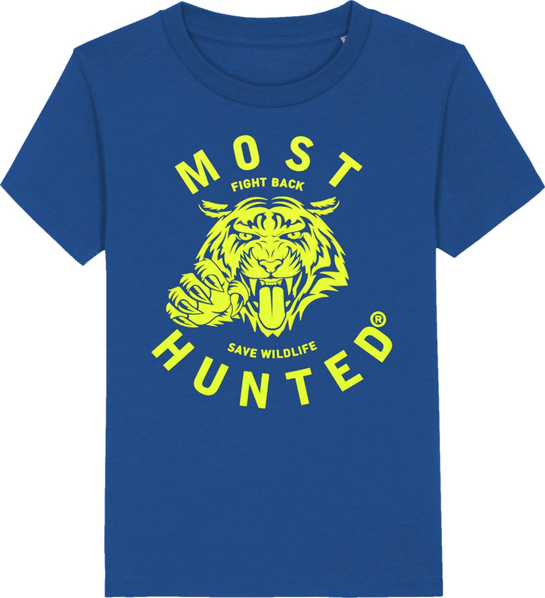 Most Hunted - kinder t-shirt - tijger - blauw - fluor geel - maat 98/104
