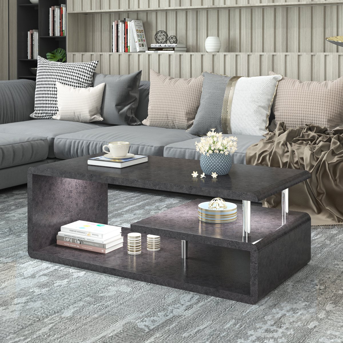 SAYGOER Moderne vintage salontafel uit het midden van de eeuw met 2 opbergniveaus voor woonkamer, boerderijtafel met twee opvouwbare panelen voor elke SAYGOER Moderne vintage salontafel uit het midden van de eeuw met 2 opbergniveaus voor woonkamer, boerderijtafel met twee opvouwbare panelen voor elke