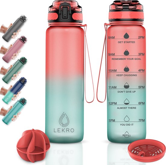 Lekro Waterfles met Tijdmarkeringen - Motiverende Drinkfles Met Fruitfilter en Shake Bal/Shaker - 1 Liter - BPA vrij - Roze/Blauw