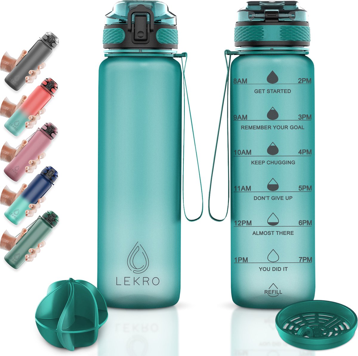 Lekro Waterfles met Tijdmarkeringen - Motiverende Drinkfles 1 Liter - Sportfles - BPA vrij