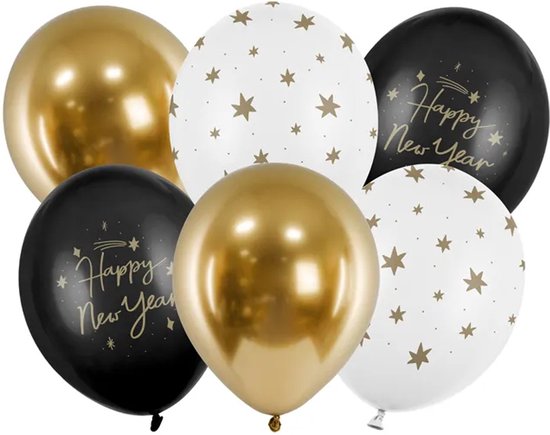 6x Zwarte Happy New Year ballonnen sterren nieuwjaar voor kerst