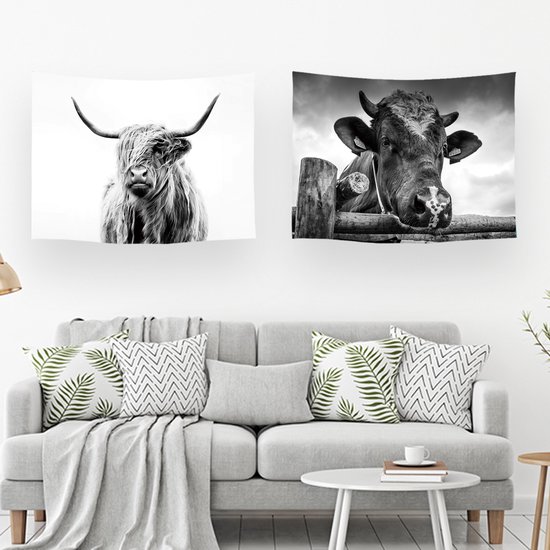 Ulticool Wandkleed Set van 2 – Schotste Hooglander Koe Zwart Wit – Met Bevestigingspinnen - voor Binnen - Aesthetic Room Decor Wandtapijt Decoratie Poster Boho Wanddoek Cadeau Idee voor Mama Moeder Cadeautje - Cadeauset Geschenkset Moederdag Pakket
