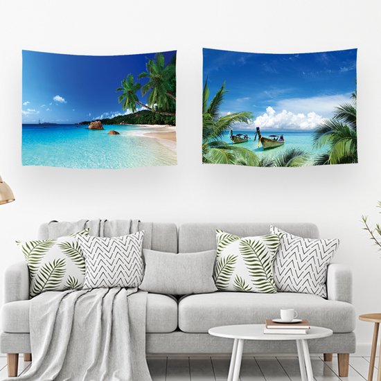 Ulticool - Tapisserie - Plage Mer Palmier Été - Set de 2 Motifs - 73 cm x 95 cm - Tissu Tapisserie Peinture - Poster Art - Blauw