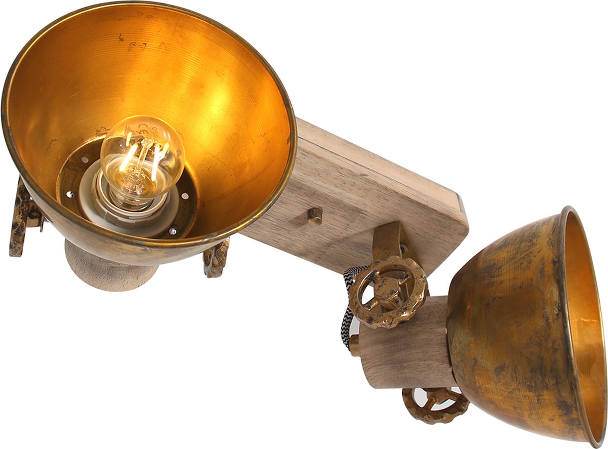 Landelijke spot Gearwood | 2 lichts | brons / bruin | hout / metaal | woonkamer / eetkamer / slaapkamer lamp | modern / industrieel / robuust design