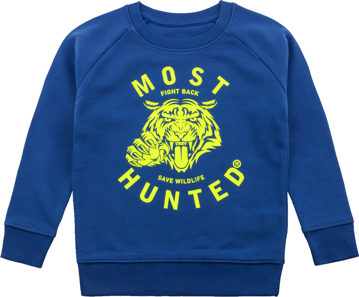 Most Hunted - kinder sweater - tijger - blauw - fluor geel - maat 152/164