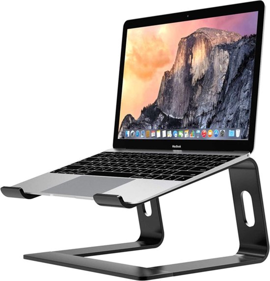 Support d'ordinateur portable noir courbé avec un MacBook dessus.
