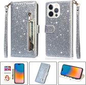 Glitter Bookcase voor Apple iPhone 14 Pro Max | Hoogwaardig PU Leren Hoesje | Lederen Wallet Case | Telefoonhoesje | Pasjeshouder | Zilver