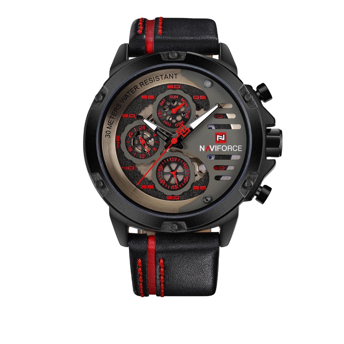 NAVIFORCE horloge voor mannen, met zwarte lederen polsband, zwarte horlogekast en grijze + rode wijzerplaat met in het donker oplichtende wijzers ( model 9110 BRB ), verpakt in een mooie geschenkdoos