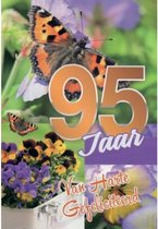 95 jaar! Van harte gefeliciteerd! Een kleurrijke kaart met prachtige vlinders en mooie bloemen! Een leuke kaart om zo te geven of om bij een cadeau te voegen. Een dubbele wenskaart inclusief envelop en in folie verpakt.