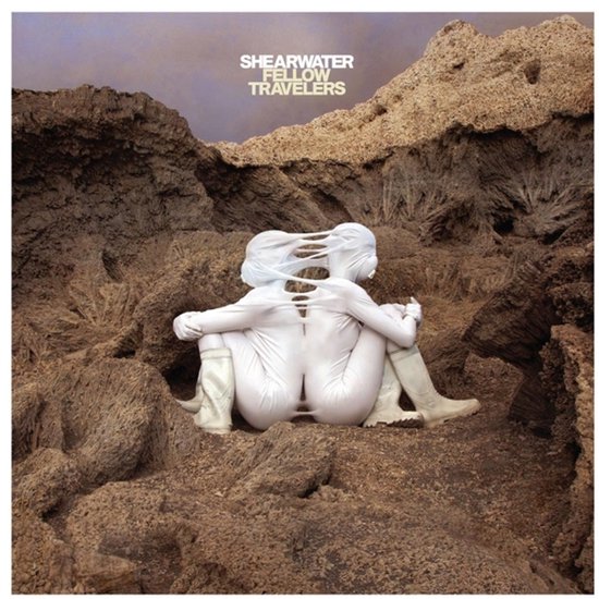 De hoes van het album 'Fellow Travelers' van Shearwater toont twee witte figuren, de een in de ander verstrengeld, zittend op een rotsachtig terrein. Bovenin staat de titel van het album in gele letters.