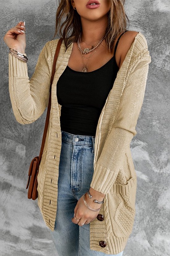 Cardigan long en maille Femme - Beige - Fermeture boutonnée - Taille S