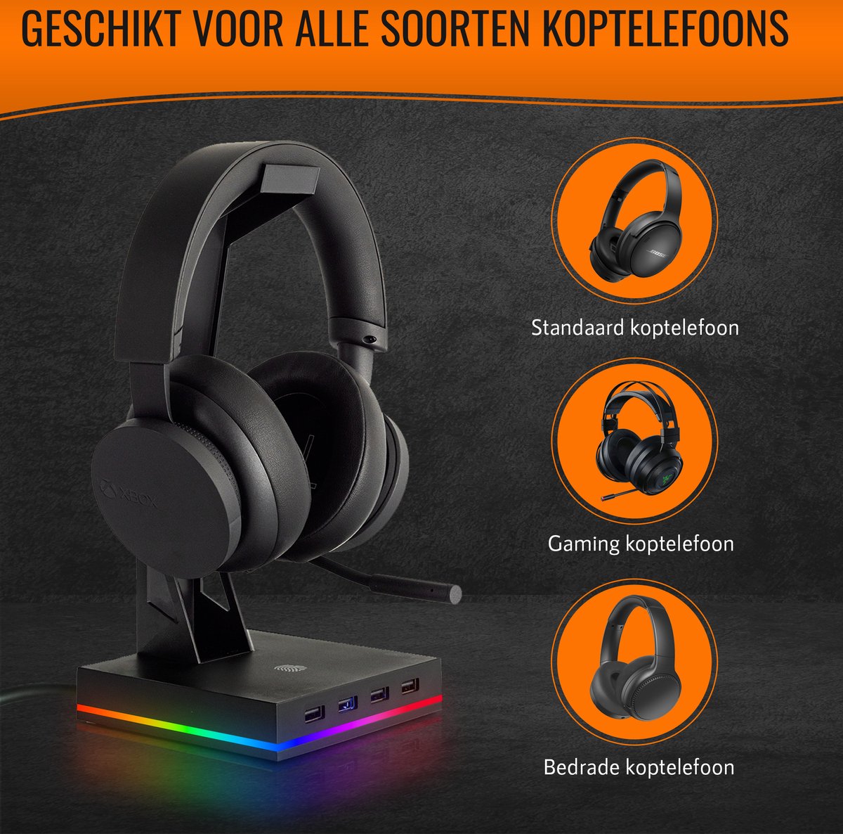 Usb Headset Base For-ce headset stand met ingebouwde USB-hub - RGB - 4 USB-poorten ...