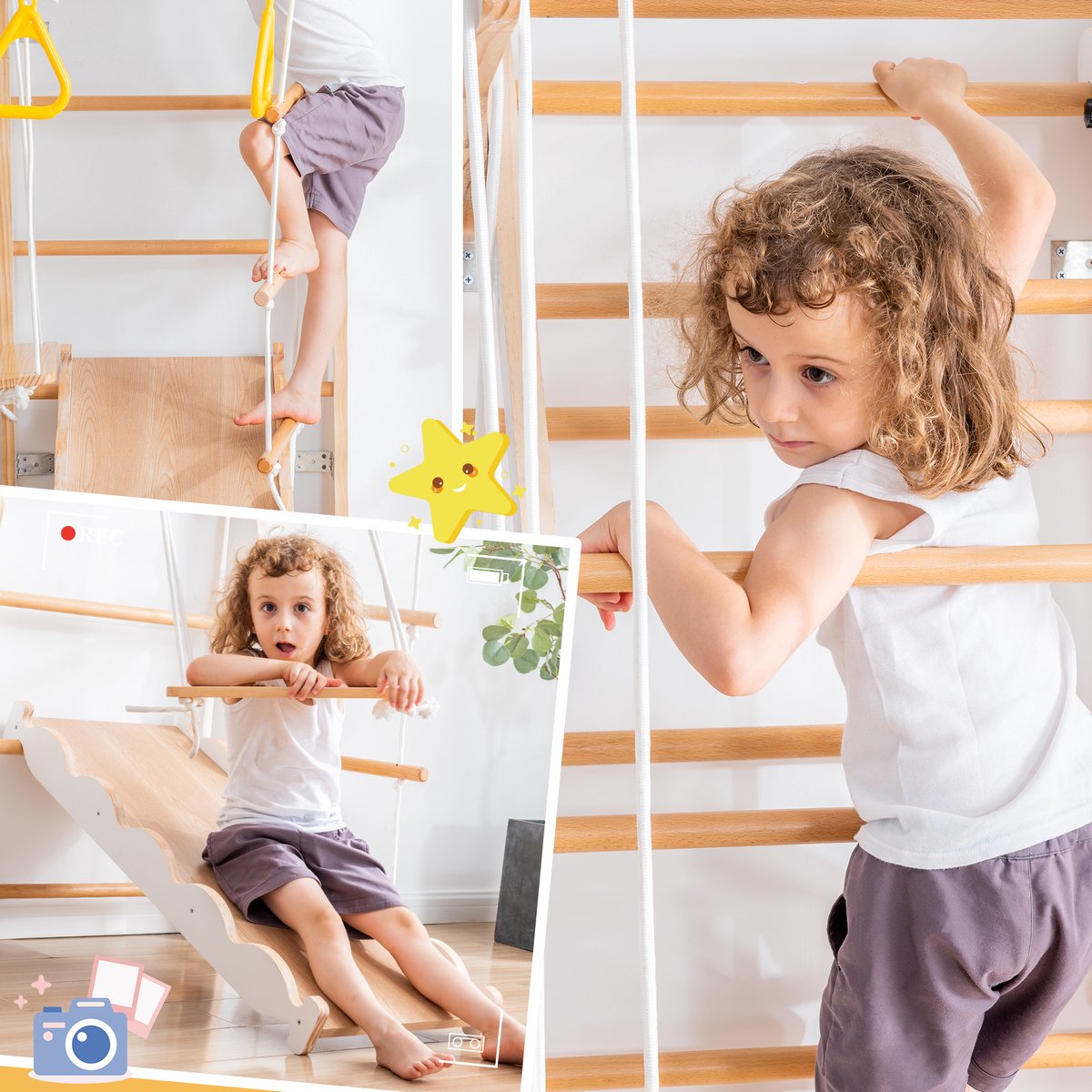 Trendmix 3 In 1 Houten Klimset Voor Kinderen - Klimrek Met Glijbaan Klimdriehoek En Klimboog Natuurlijk Hout